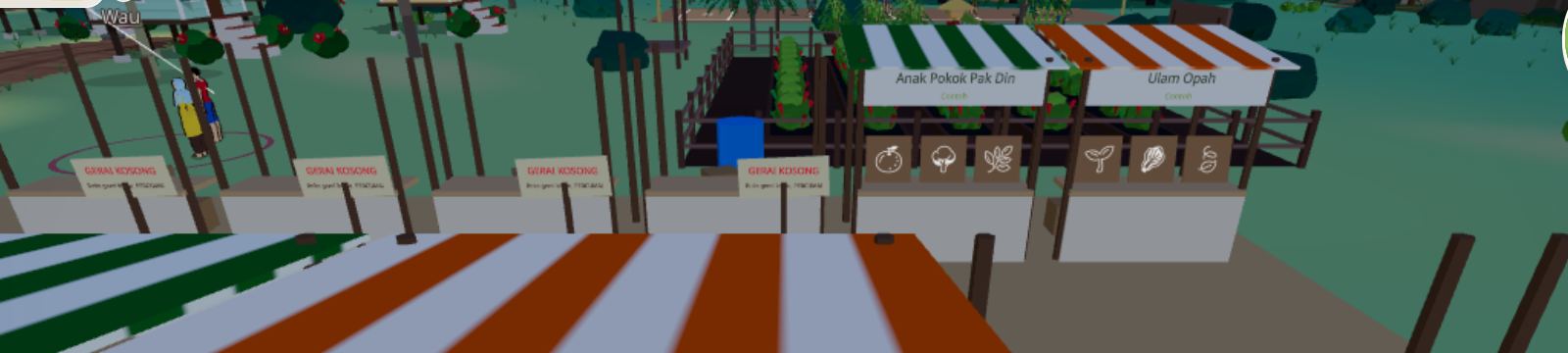 Deretan gerai di Pasar Tani: empat gerai kosong menunggu peniaga, dan gerai contoh Anak Pokok Pak Din dan Ulam Opah